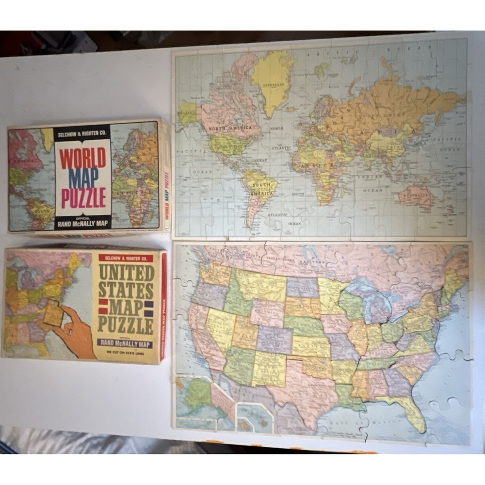 2 Vintage Rand McNally United‎ States & World Map Puzzles  by Selchow & Righter